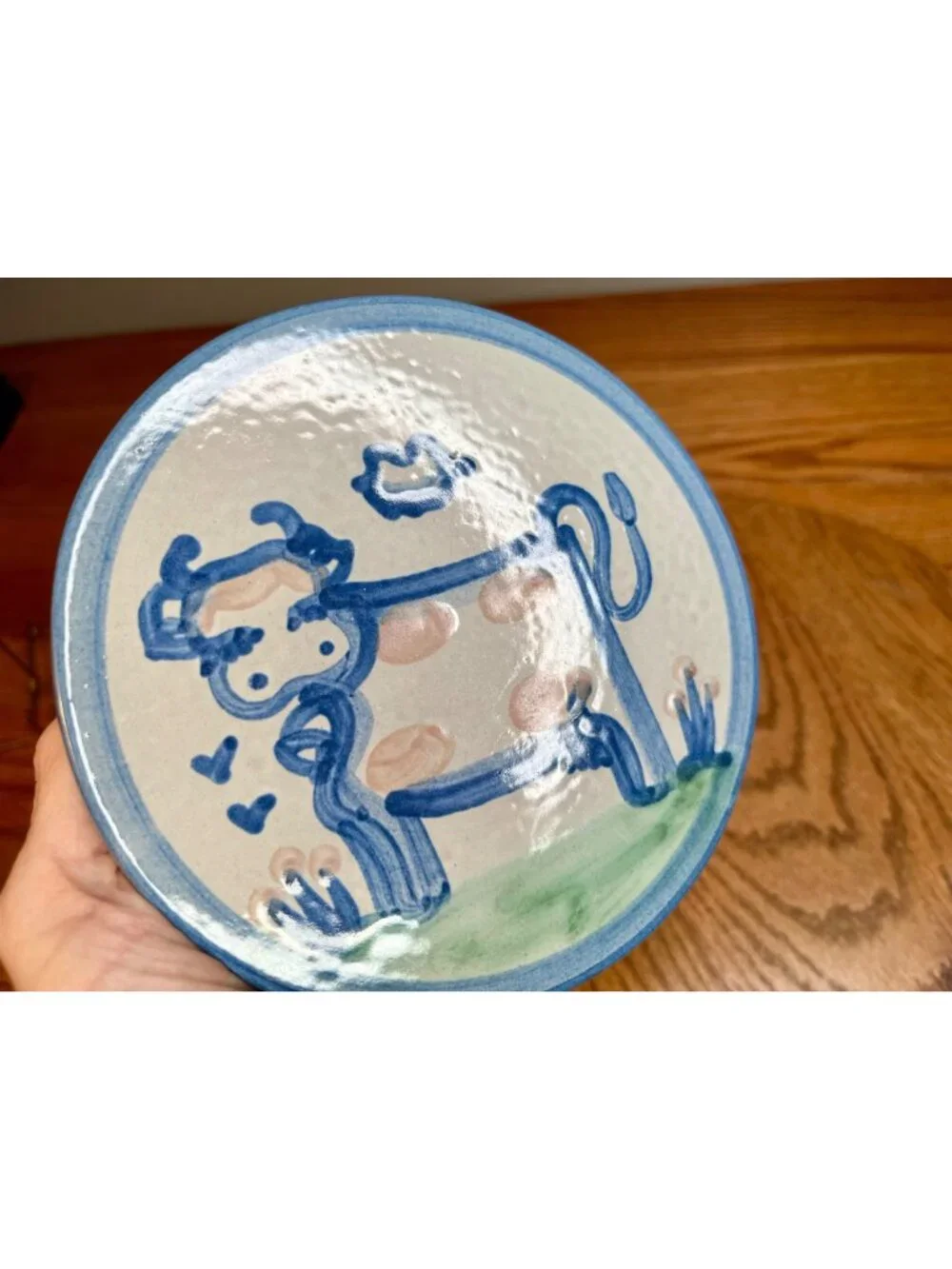 M A Hadley  Pottery Country Scene Blue  Cow Trivet/ Wall Hanging